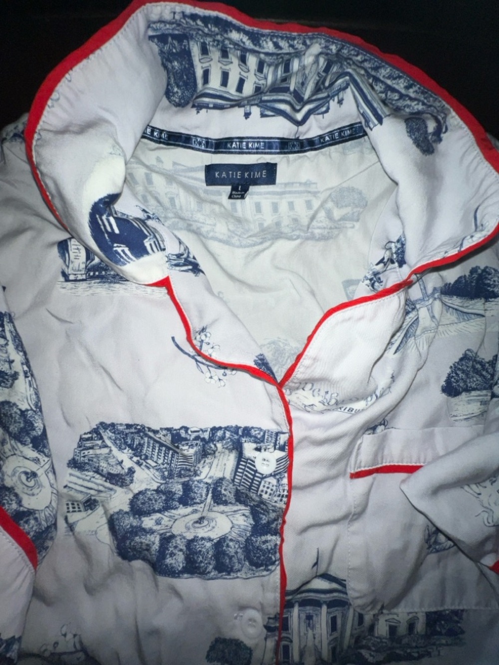 Katie Kime Washington DC Toile Scenic Print Pajama Set with Red Piping
